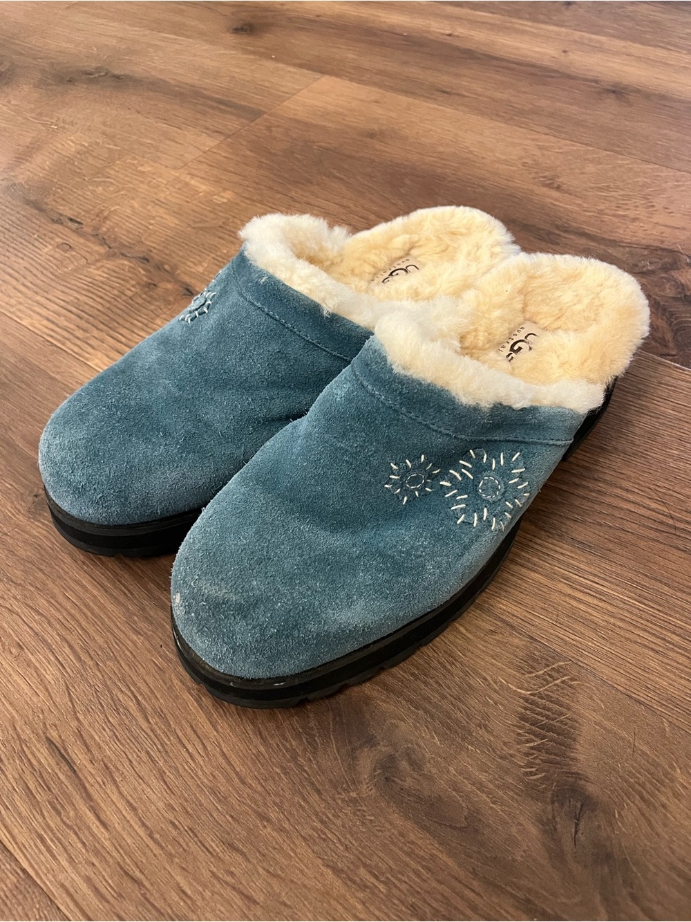Vintage  UGG Solvang Clogs / Mules Teal Suede Shearling-Lined Slip-On Clog